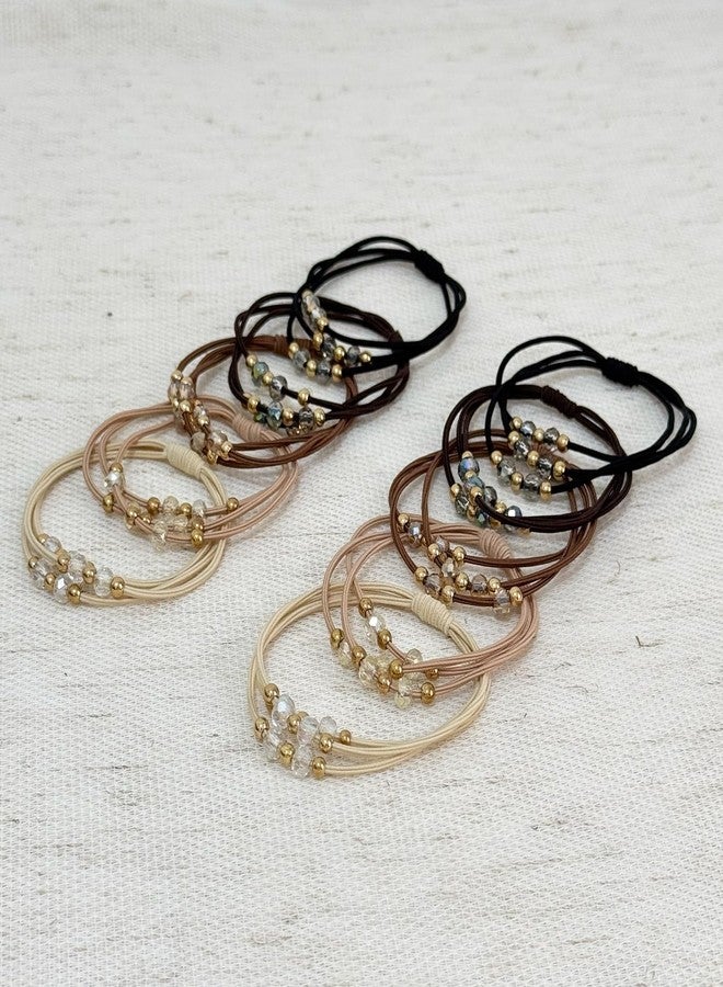 UDeBe 10pcs Brown Hair Ties with Gold & Crystal Beads, Thin Elastic Ponytail Holders for Women, No Damage, Stylish Hair Accessories - Image 2